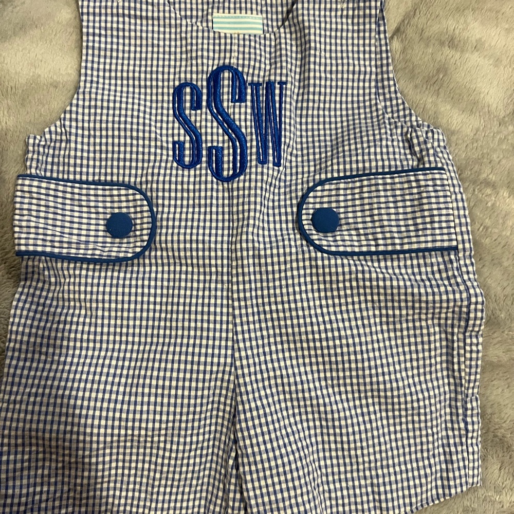 Monogram smocked baby boy romper size 3 month. Southern Sunshine brand.
